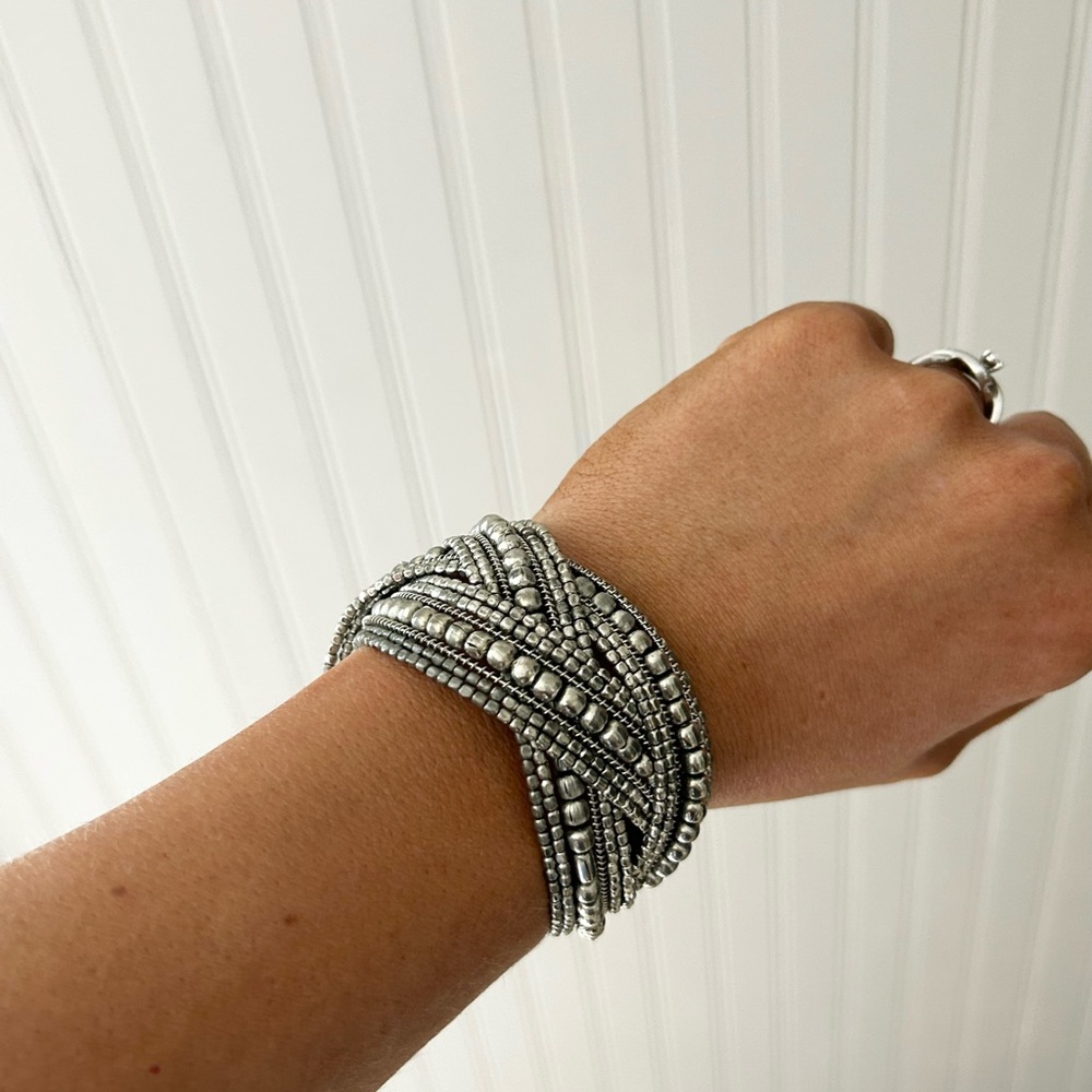 Elegant Silver Tone Beaded Cuff Bracelet